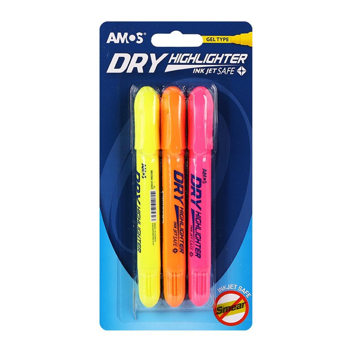 Vỉ 3 bút  nhớ dòng AMOS DRY HIGHLIGHTER HLD3B1