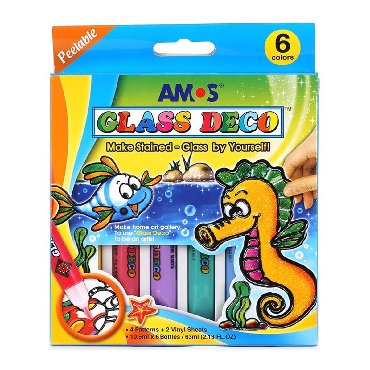 Bộ bút vẽ lên kính AMOS Glass Deco, vỉ 6 màu x 10.5ml (GD10P6)